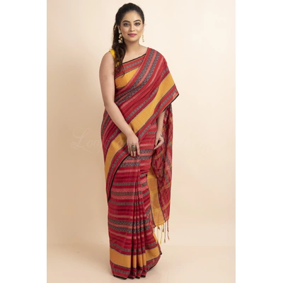 Red Yellow Stripe Handwoven Cotton Begumpuri Mahapaar Saree with Blouse Piece