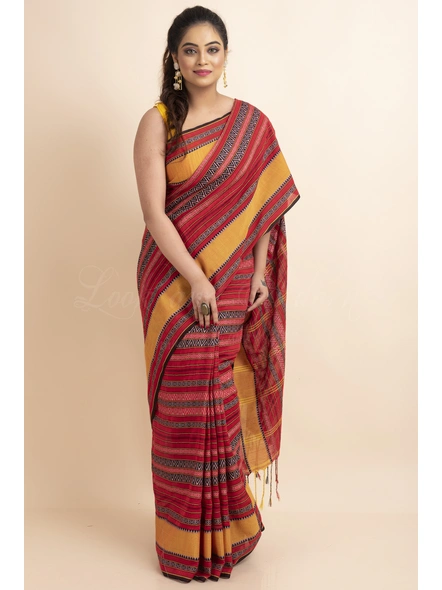 Red Yellow Stripe Handwoven Khadi Cotton Begumpuri Mahapaar Saree with Blouse Piece-LAAHKBSWBP022