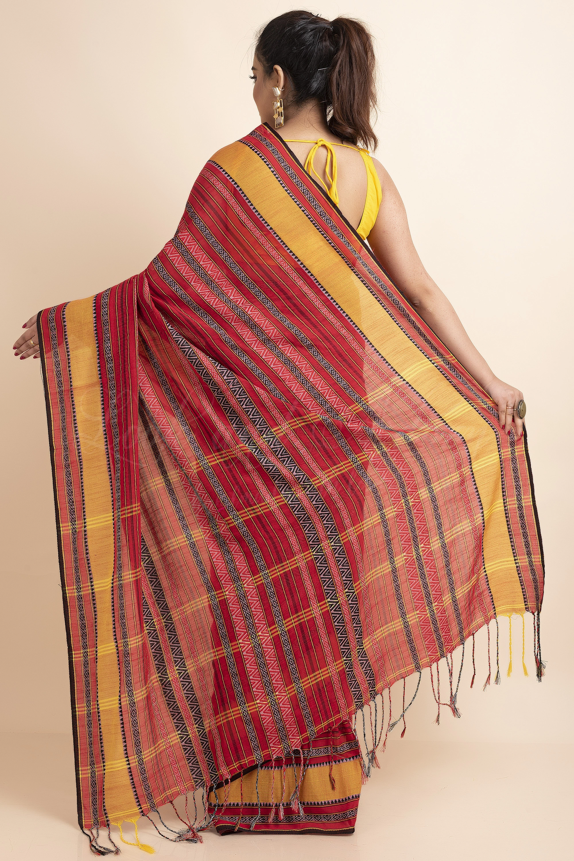 Red Yellow Stripe Handwoven Cotton Begumpuri Mahapaar Saree with Blouse Piece-Red-Free-Cotton-Female-Adult-Sari-1