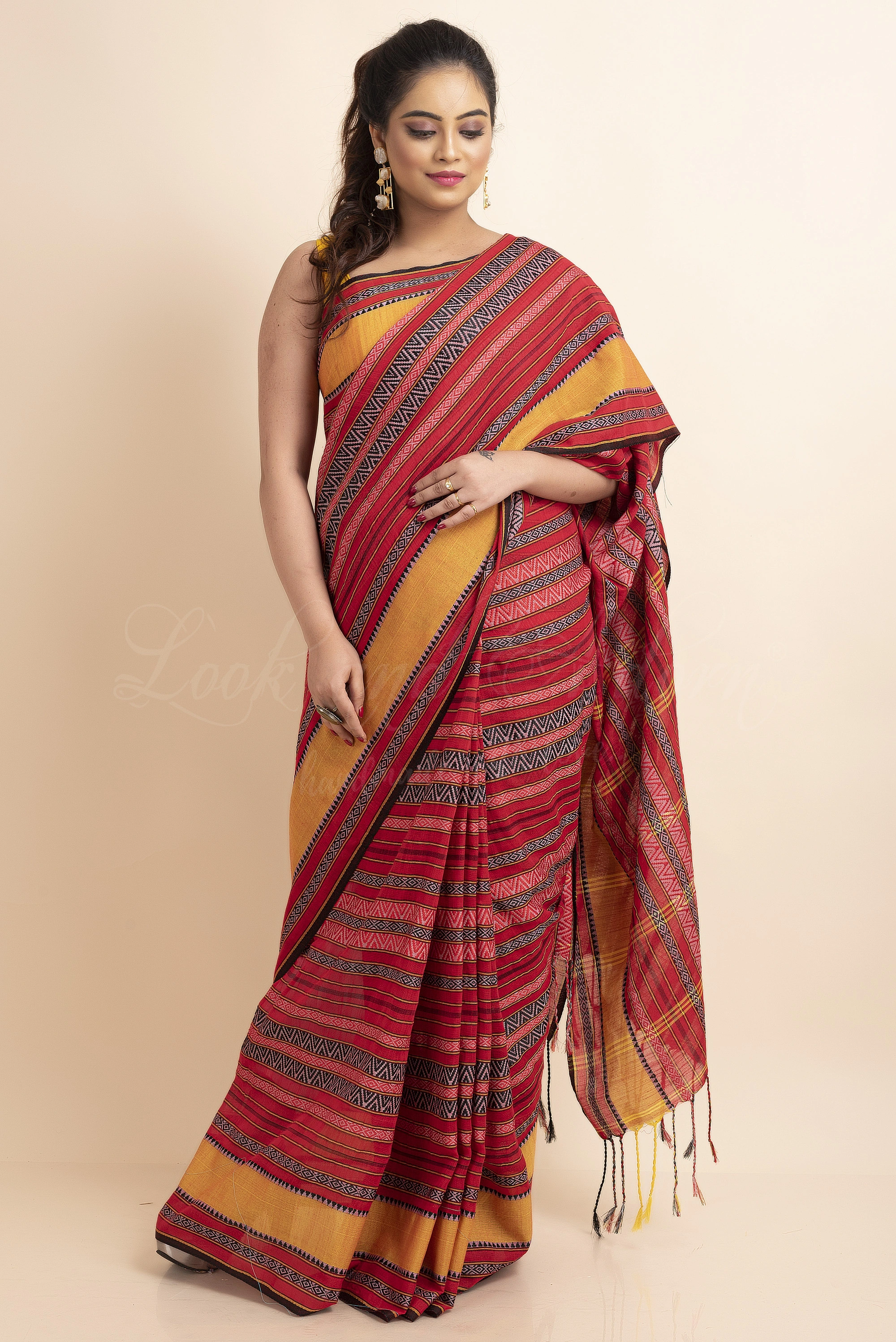 Red Yellow Stripe Handwoven Cotton Begumpuri Mahapaar Saree with Blouse Piece-Red-Free-Cotton-Female-Adult-Sari-2