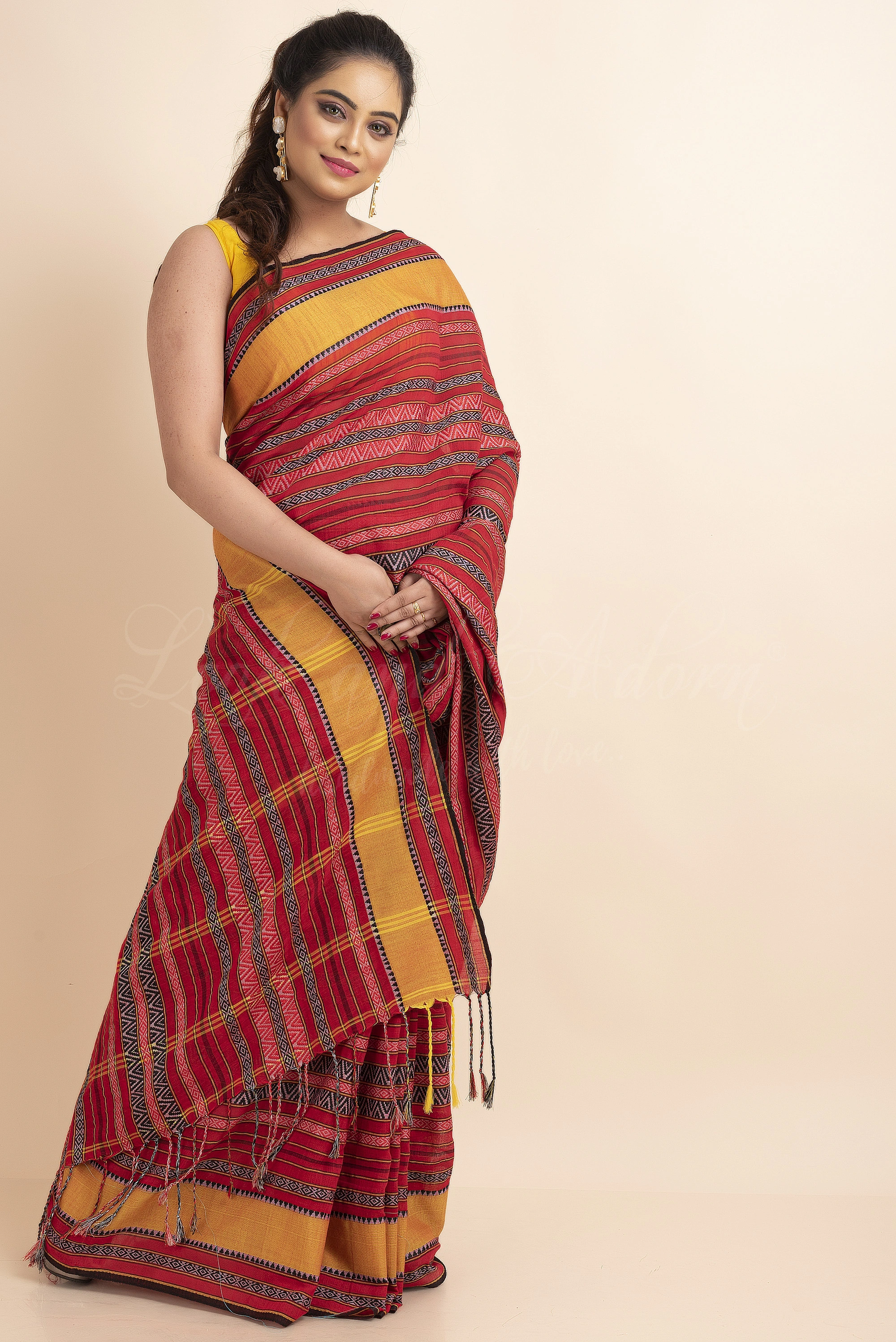 Red Yellow Stripe Handwoven Cotton Begumpuri Mahapaar Saree with Blouse Piece-Red-Free-Cotton-Female-Adult-Sari-3