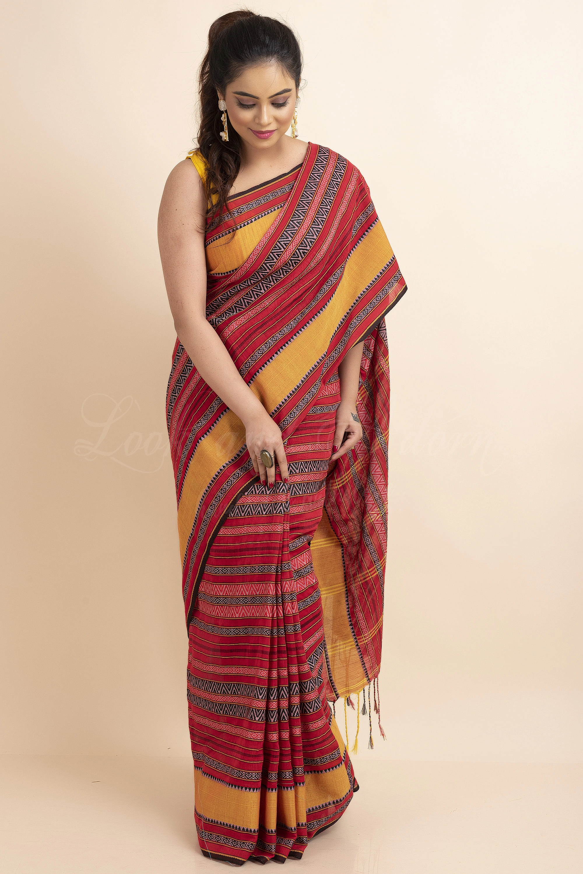 Red Yellow Stripe Handwoven Cotton Begumpuri Mahapaar Saree with Blouse Piece-Red-Free-Cotton-Female-Adult-Sari-4