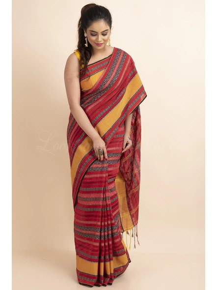 Red Yellow Stripe Handwoven Khadi Cotton Begumpuri Mahapaar Saree with Blouse Piece-Red-Free-Khadi Cotton-Female-Adult-4