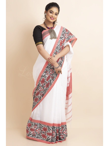 White Handwoven Cotton Floral Meena Begumpuri Saree with Blouse Piece-LAAHKBSWBP023