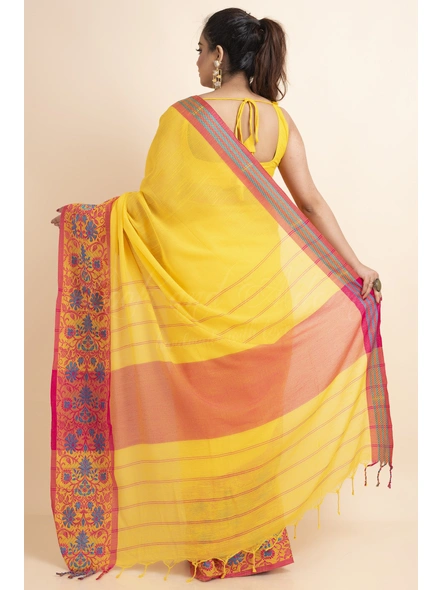 Yellow Handwoven Cotton Floral Meena Begumpuri Saree with Blouse Piece-Yellow-Free-Cotton-Female-Adult-Sari-1