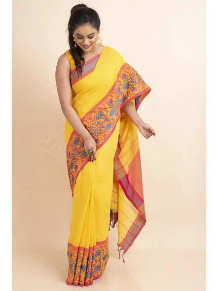 Yellow Handwoven Cotton Floral Meena Begumpuri Saree with Blouse Piece-Yellow-Free-Cotton-Female-Adult-Sari-4