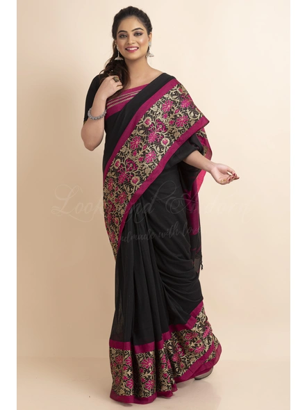 Black Handwoven Cotton Floral Meena Begumpuri Saree with Blouse Piece-LAAHKBSWBP025