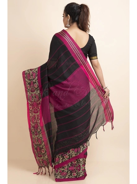 Black Handwoven Cotton Floral Meena Begumpuri Saree with Blouse Piece-Black-Free-Cotton-Female-Adult-Sari-1