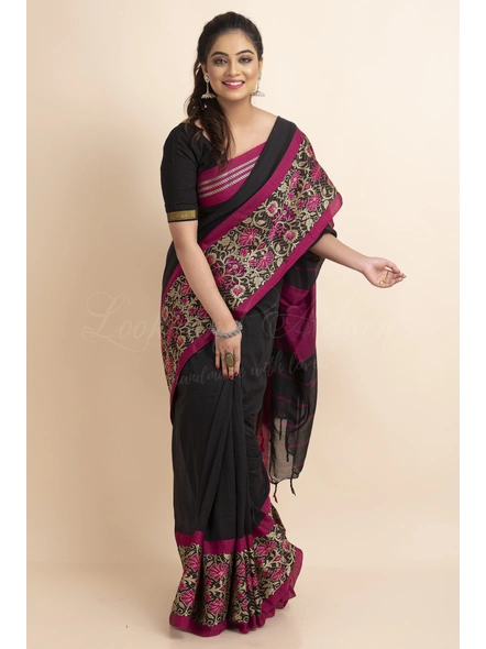 Black Handwoven Cotton Floral Meena Begumpuri Saree with Blouse Piece-Black-Free-Cotton-Female-Adult-Sari-2