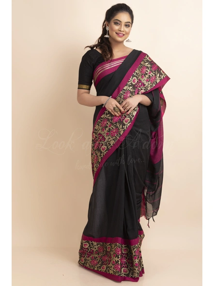 Black Handwoven Cotton Floral Meena Begumpuri Saree with Blouse Piece-Black-Free-Cotton-Female-Adult-Sari-3