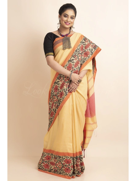 Butter Yellow Handwoven Cotton Floral Meena Begumpuri Saree with Blouse Piece-Yellow-Free-Cotton-Female-Adult-Sari-3
