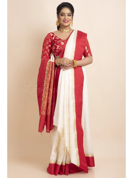 White Red Border Garad Kanchipuram Style Golden Zari Work Art Silk Saree with Blouse Piece-LAAGKASWBP06