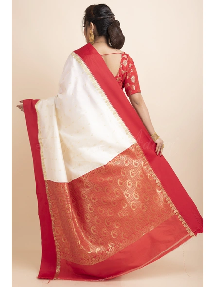 White Red Border Garad Kanchipuram Style Golden Zari Work Art Silk Saree with Blouse Piece-White-Free-Art Silk-Female-Adult-1
