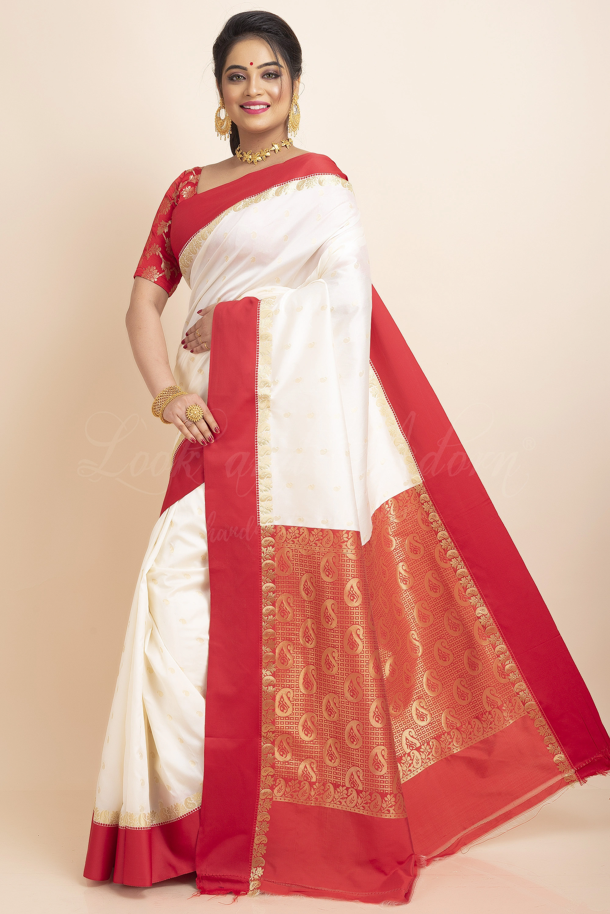 White Red Border Garad Kanchipuram Style Golden Zari Work Art Silk Saree with Blouse Piece-White-Free-Art Silk-Female-Adult-3