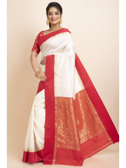 White Red Border Garad Kanchipuram Style Golden Zari Work Art Silk Saree with Blouse Piece-White-Free-Art Silk-Female-Adult-3