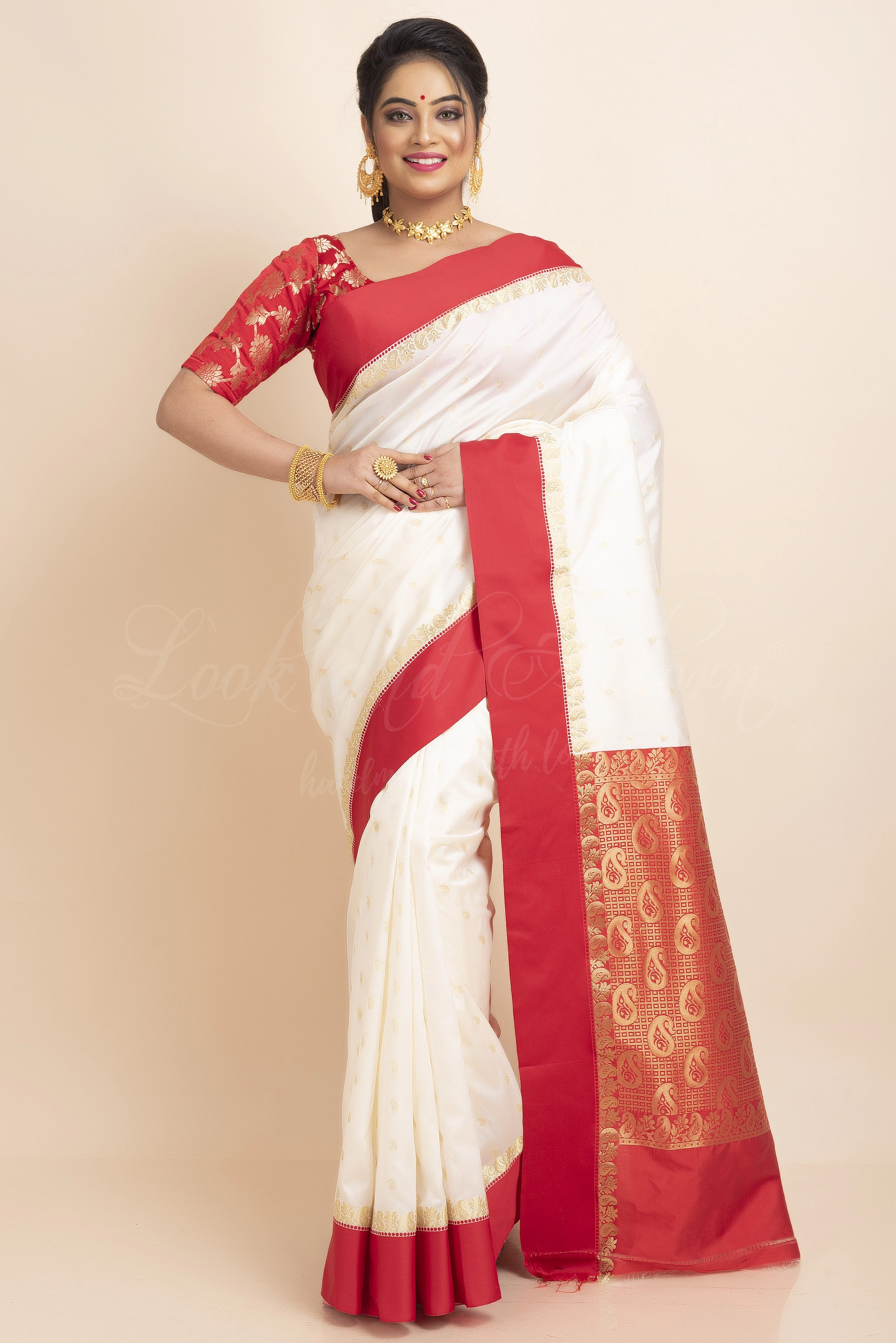 White Red Border Garad Kanchipuram Style Golden Zari Work Art Silk Saree with Blouse Piece-White-Free-Art Silk-Female-Adult-5