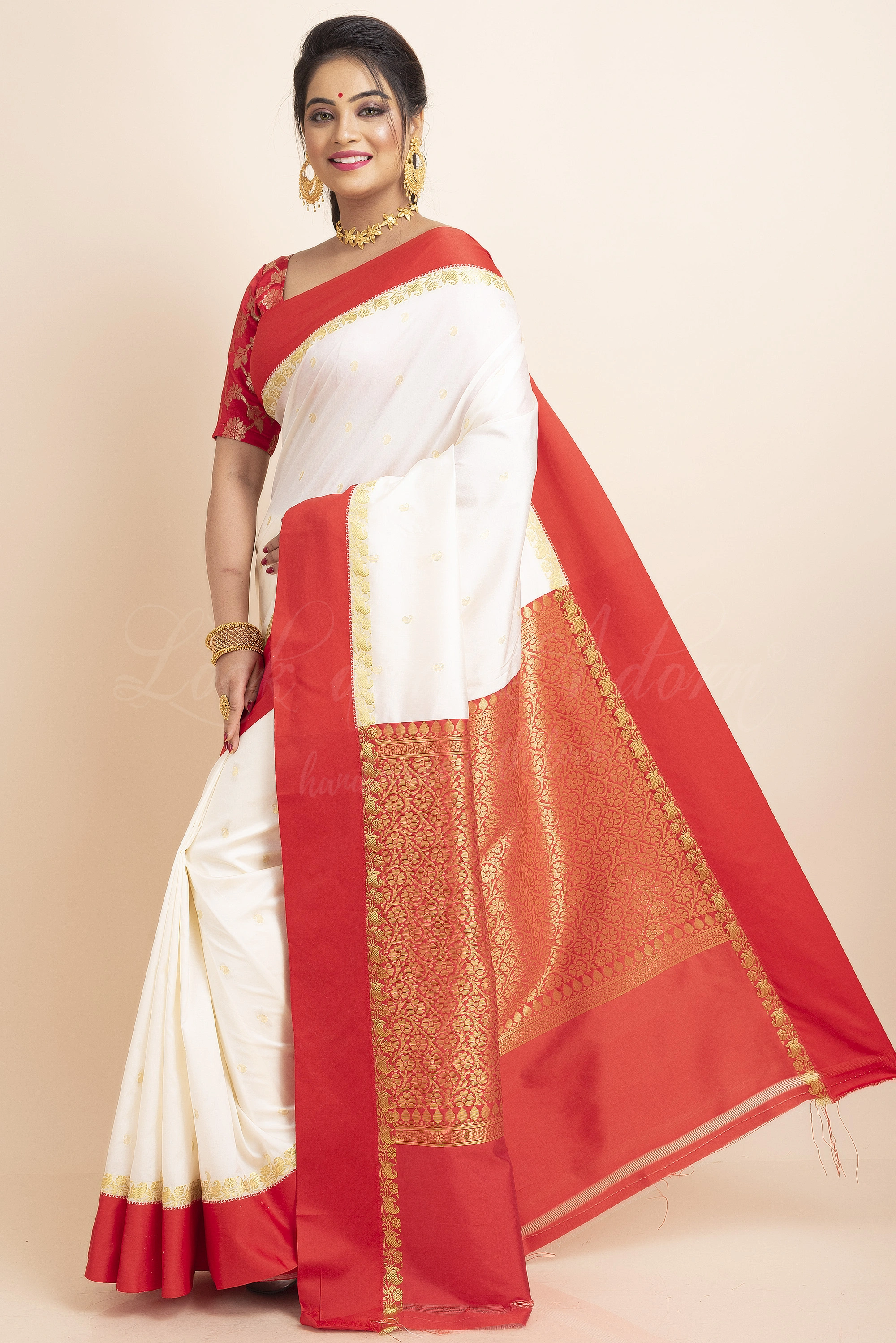 White Red Border Garad Kanchipuram Style Golden Zari Work Art Silk Saree with Blouse Piece-White-Free-Art Silk-Female-Adult-4