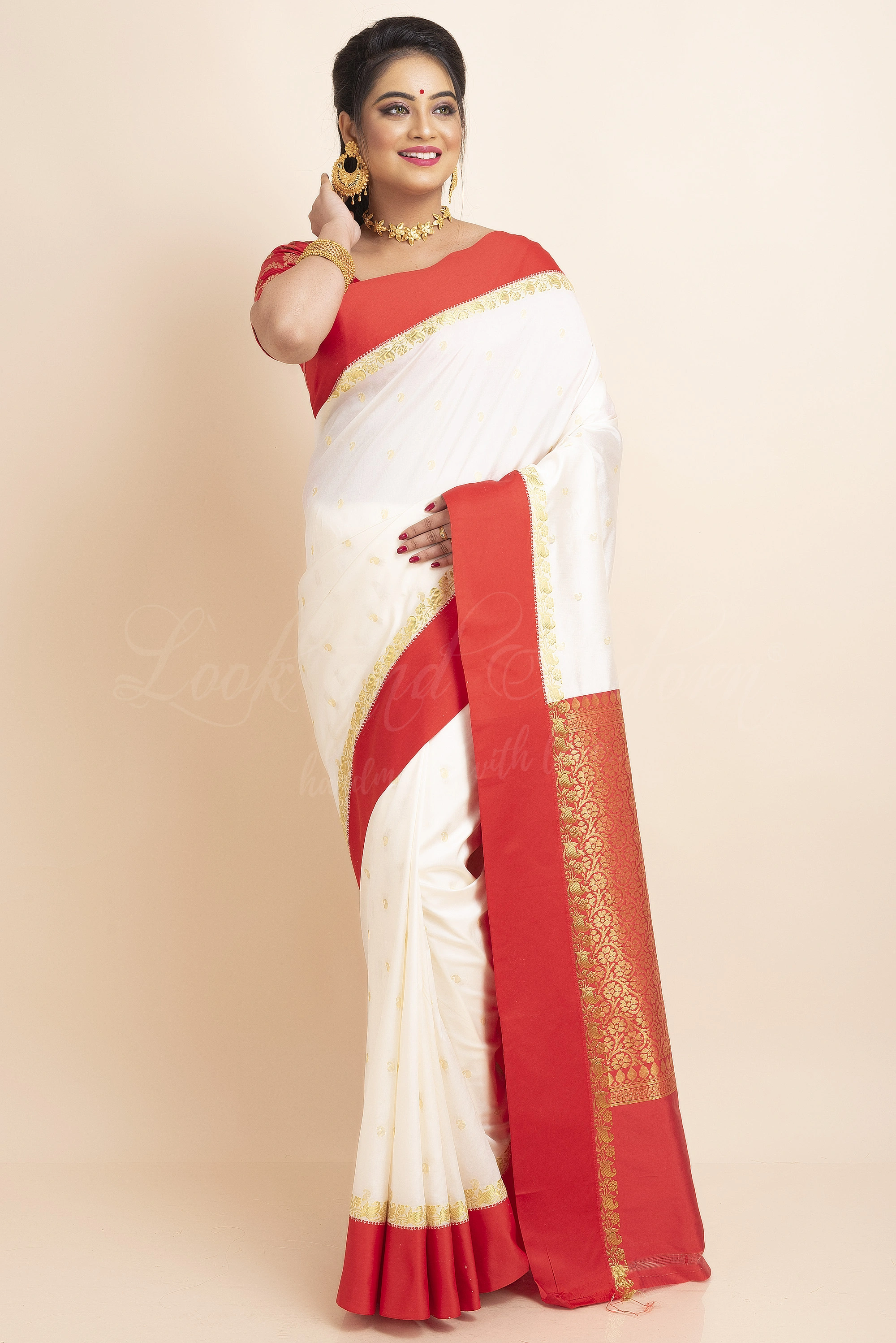 White Red Border Garad Kanchipuram Style Golden Zari Work Art Silk Saree with Blouse Piece-White-Free-Art Silk-Female-Adult-5