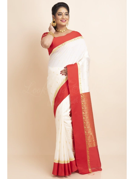White Red Border Garad Kanchipuram Style Golden Zari Work Art Silk Saree with Blouse Piece-White-Free-Art Silk-Female-Adult-5