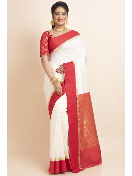 White Red Border Garad Kanchipuram Style Golden Zari Work Art Silk Saree with Blouse Piece-LAAGKASWBP08