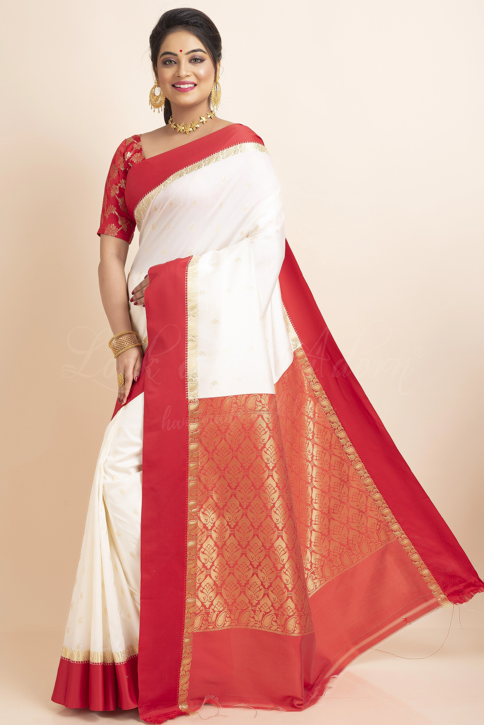 White Red Border Garad Kanchipuram Style Golden Zari Work Art Silk Saree with Blouse Piece-White-Free-Art Silk-Female-Adult-2