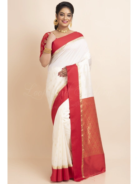 White Red Border Garad Kanchipuram Style Golden Zari Work Art Silk Saree with Blouse Piece-White-Free-Art Silk-Female-Adult-3