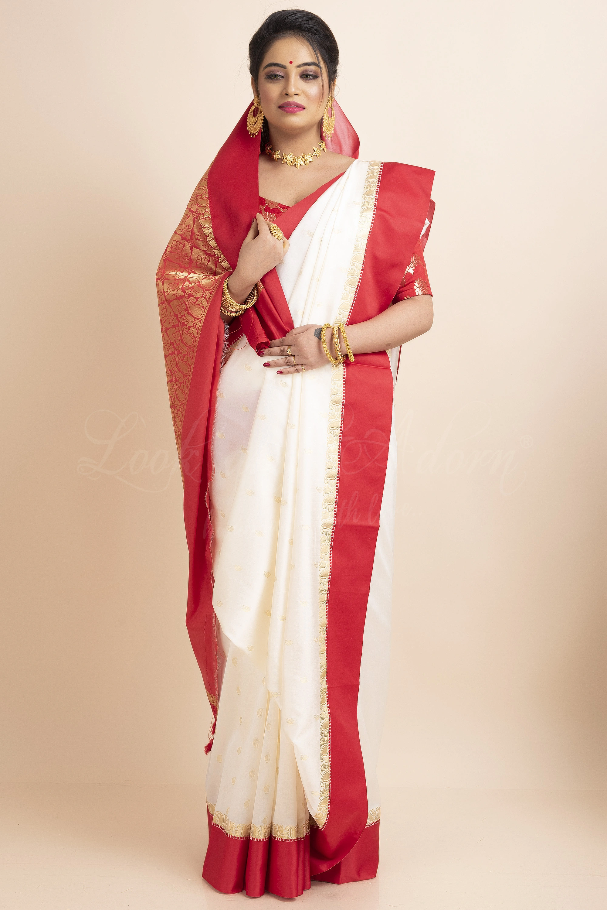 White Red Border Garad Kanchipuram Style Golden Zari Work Art Silk Saree with Blouse Piece-White-Free-Art Silk-Female-Adult-4