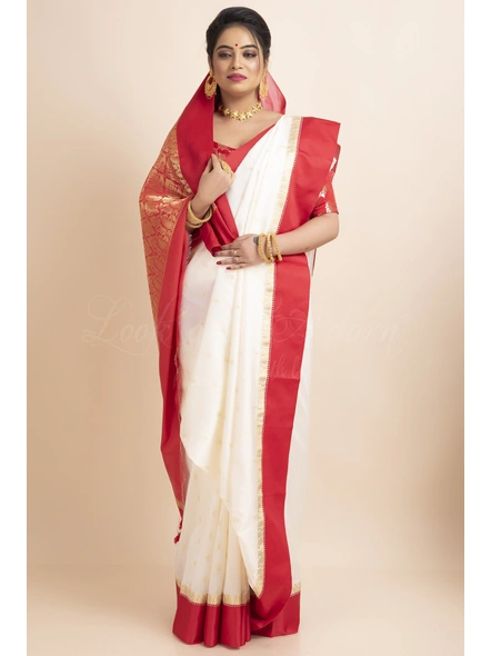 White Red Border Garad Kanchipuram Style Golden Zari Work Art Silk Saree with Blouse Piece-White-Free-Art Silk-Female-Adult-4