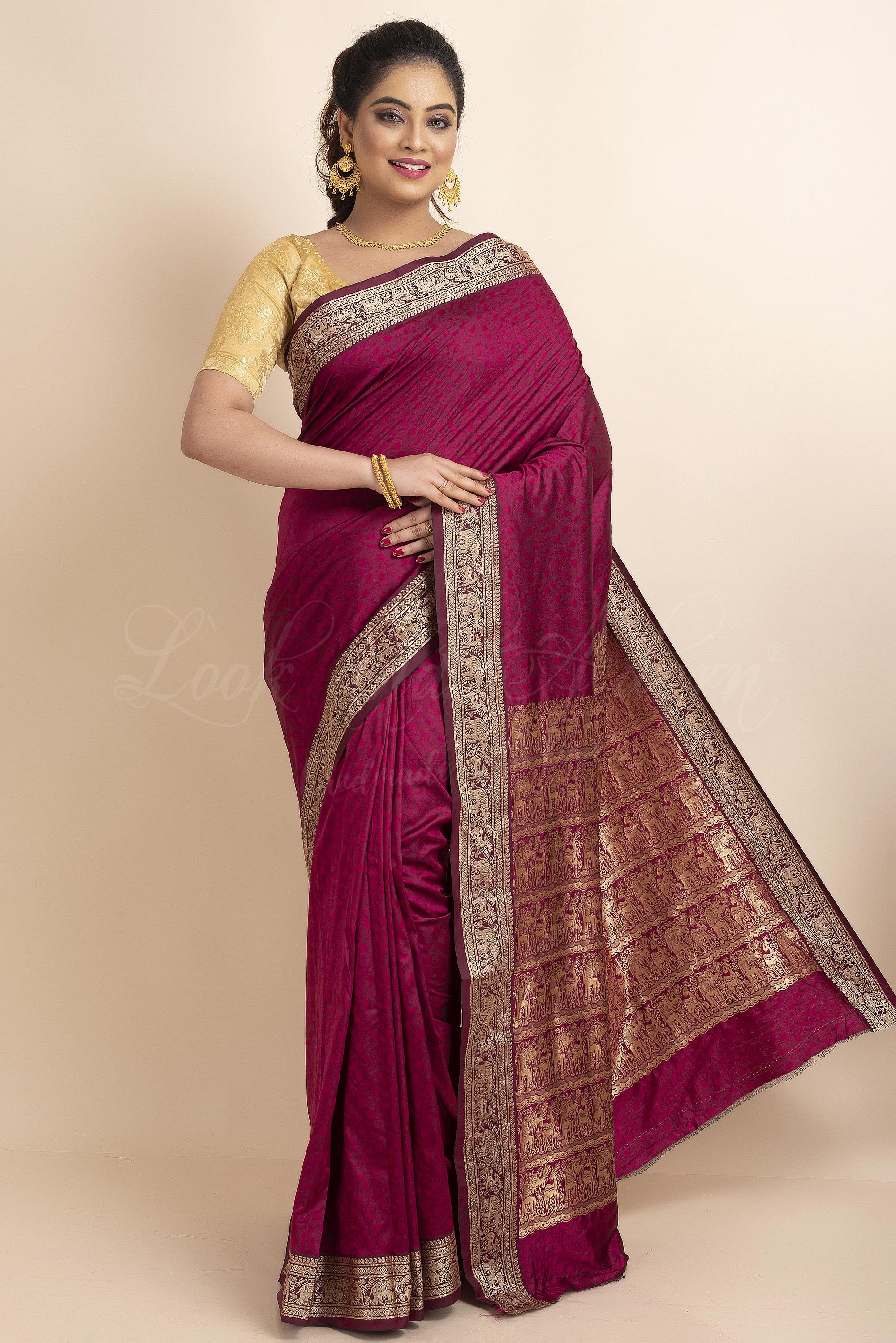 Purple Soft Golden Zari Work Traditional Bishnupuri Art Silk Saree with Blouse piece-LAABASS007