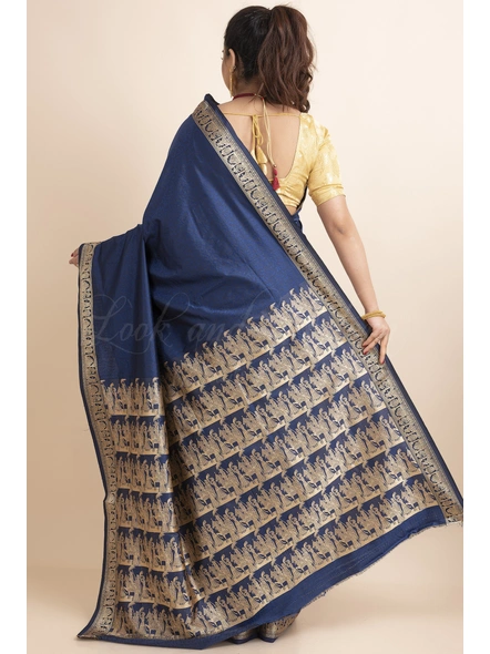 Navi Blue Soft Golden Zari Work Traditional Bishnupuri Art Silk Saree with Blouse piece-Navi Blue-Free-Art Silk-Female-Adult-1