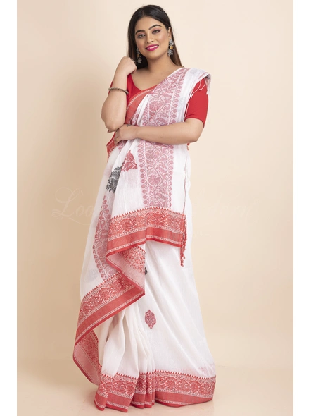 White Red Handwoven Handspun Intrecate Design Linen Jamdani Saree with Blouse Piece-White-Free-Linen-Female-Adult-3