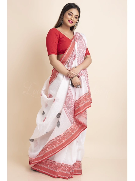 White Red Handwoven Handspun Intrecate Design Linen Jamdani Saree with Blouse Piece-White-Free-Linen-Female-Adult-4