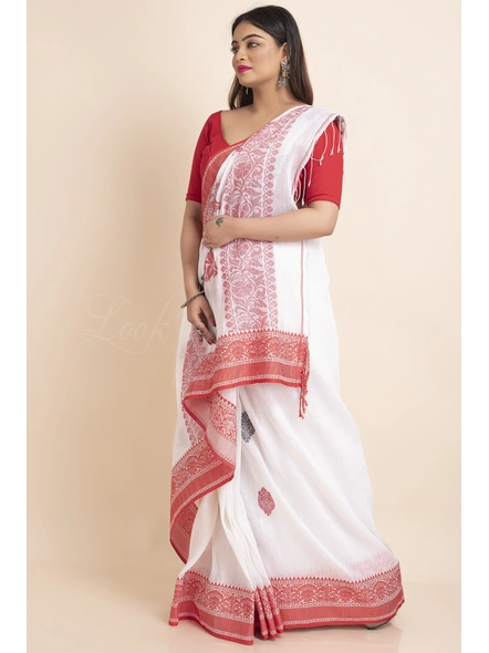 White Red Handwoven Handspun Intrecate Design Linen Jamdani Saree with Blouse Piece-White-Free-Linen-Female-Adult-5