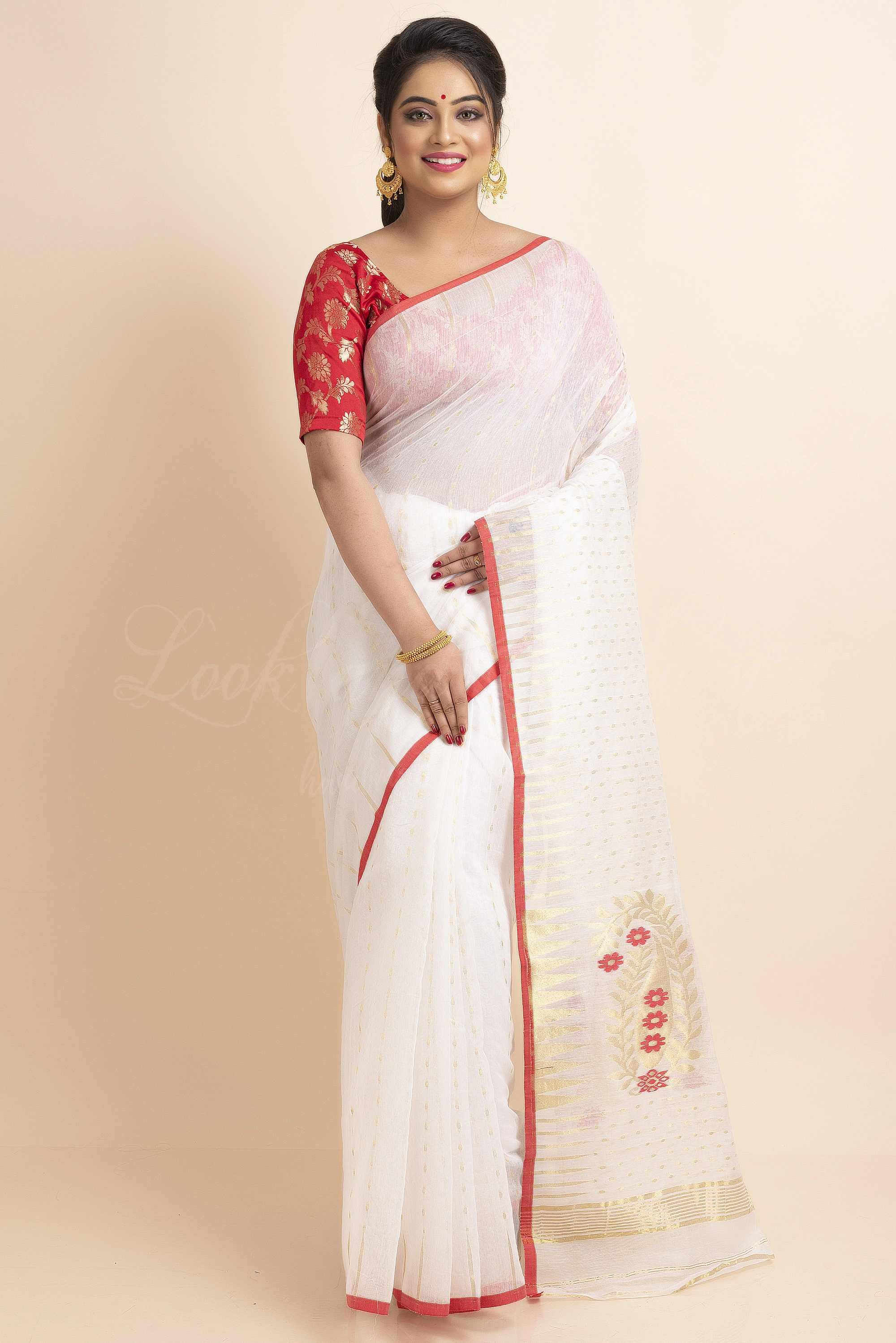 White Red Soft Zari Hazar Buti Traditional Woven Jamdani Saree-White-Free-Cotton-Female-Adult-1