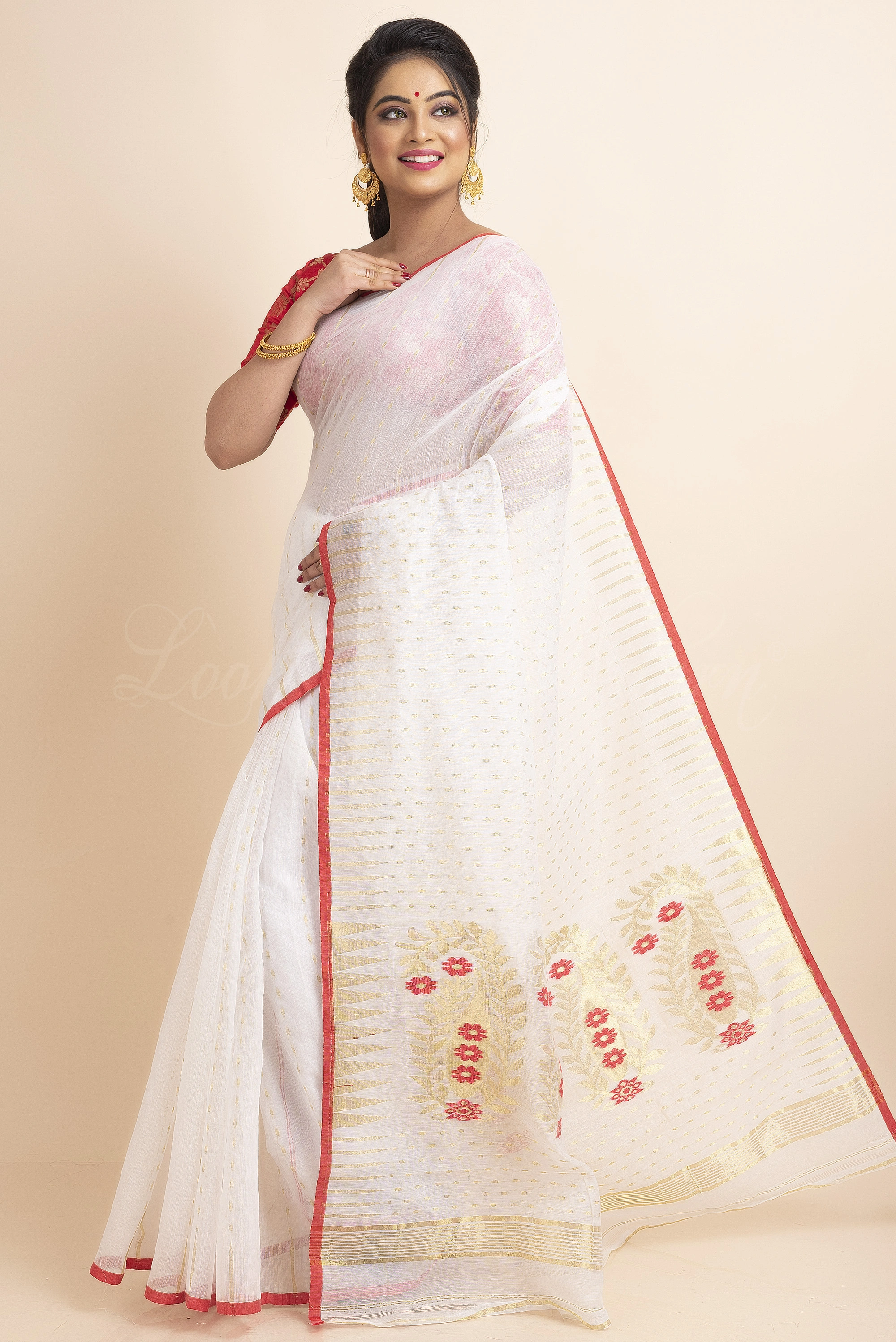 White Red Soft Zari Hazar Buti Traditional Woven Jamdani Saree-White-Free-Cotton-Female-Adult-2