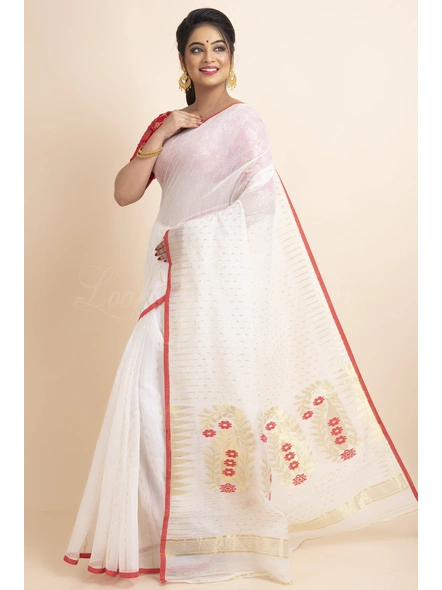 White Red Soft Zari Hazar Buti Traditional Woven Jamdani Saree-White-Free-Cotton-Female-Adult-2