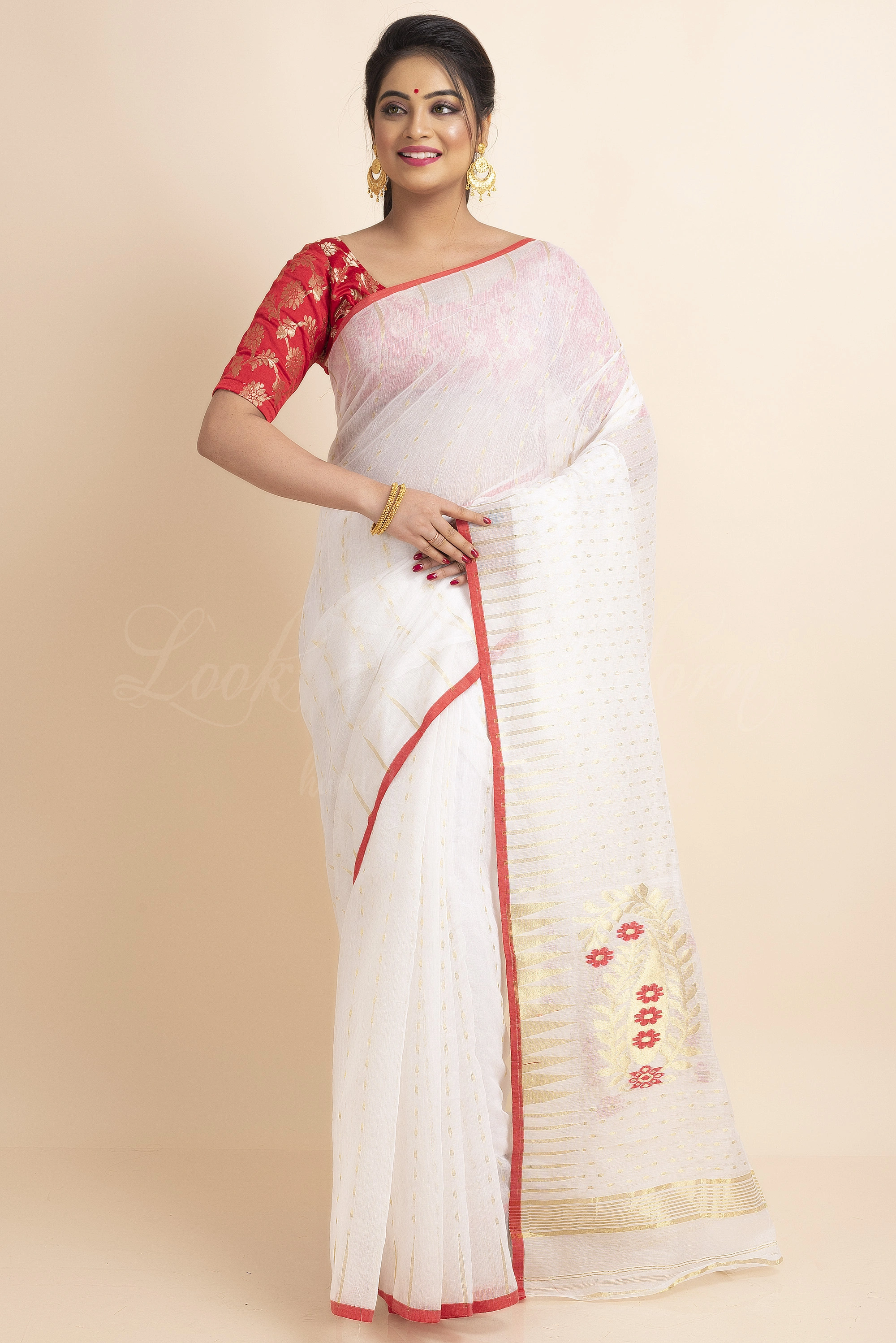 White Red Soft Zari Hazar Buti Traditional Woven Jamdani Saree-White-Free-Cotton-Female-Adult-3