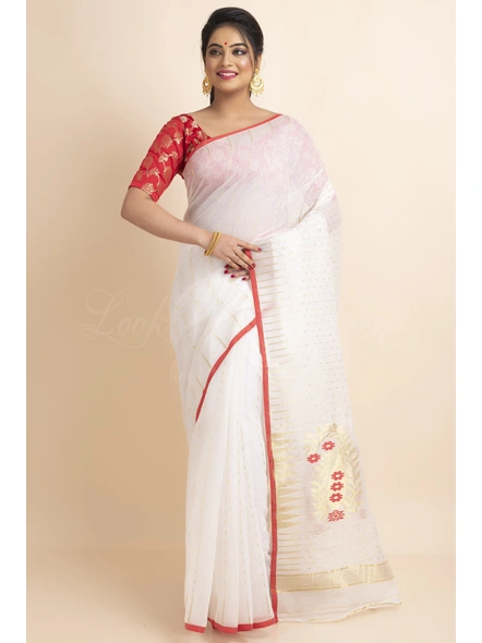 White Red Soft Zari Hazar Buti Traditional Woven Jamdani Saree-White-Free-Cotton-Female-Adult-3
