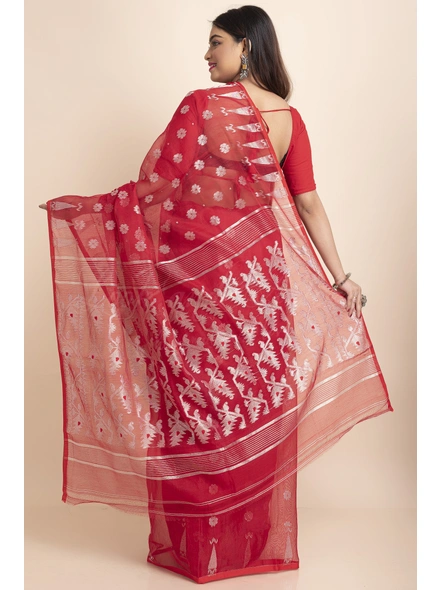 Red Soft Silver Zari Traditional Handwoven Jamdani Saree-Red-Free-Cotton Silk-Female-Adult-1