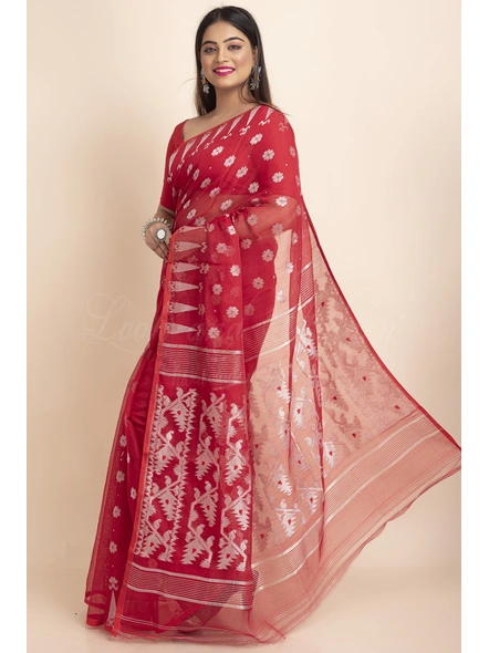 Red Soft Silver Zari Traditional Handwoven Jamdani Saree-Red-Free-Cotton Silk-Female-Adult-2