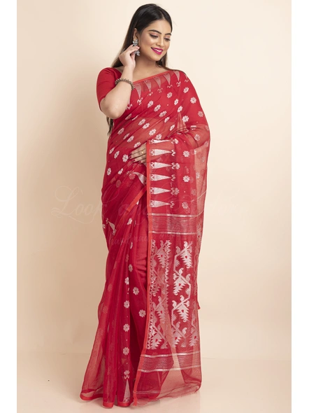 Red Soft Silver Zari Traditional Handwoven Jamdani Saree-Red-Free-Cotton Silk-Female-Adult-3