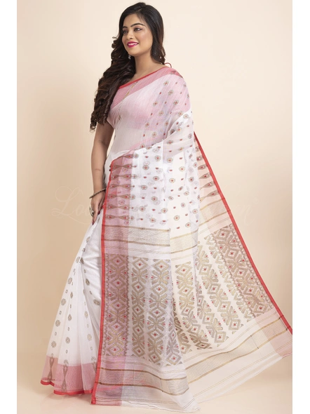 White Red Soft Golden Zari Traditional Handwoven Jamdani Saree-White-Free-Cotton Silk-Female-Adult-2