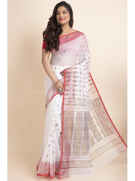 White Red Soft Golden Zari Traditional Handwoven Jamdani Saree-White-Free-Cotton Silk-Female-Adult-3