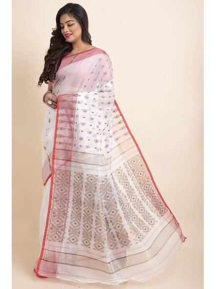 White Red Soft Golden Zari Traditional Handwoven Jamdani Saree-White-Free-Cotton Silk-Female-Adult-4