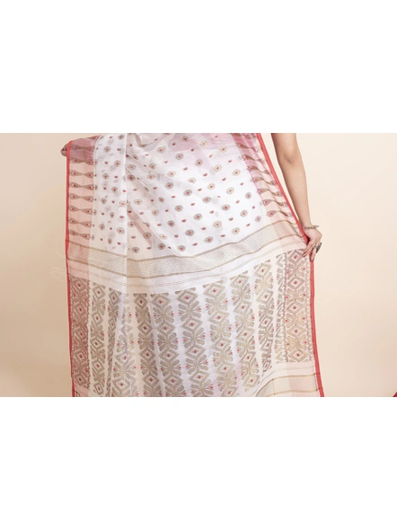 White Red Soft Golden Zari Traditional Handwoven Jamdani Saree-White-Free-Cotton Silk-Female-Adult-5