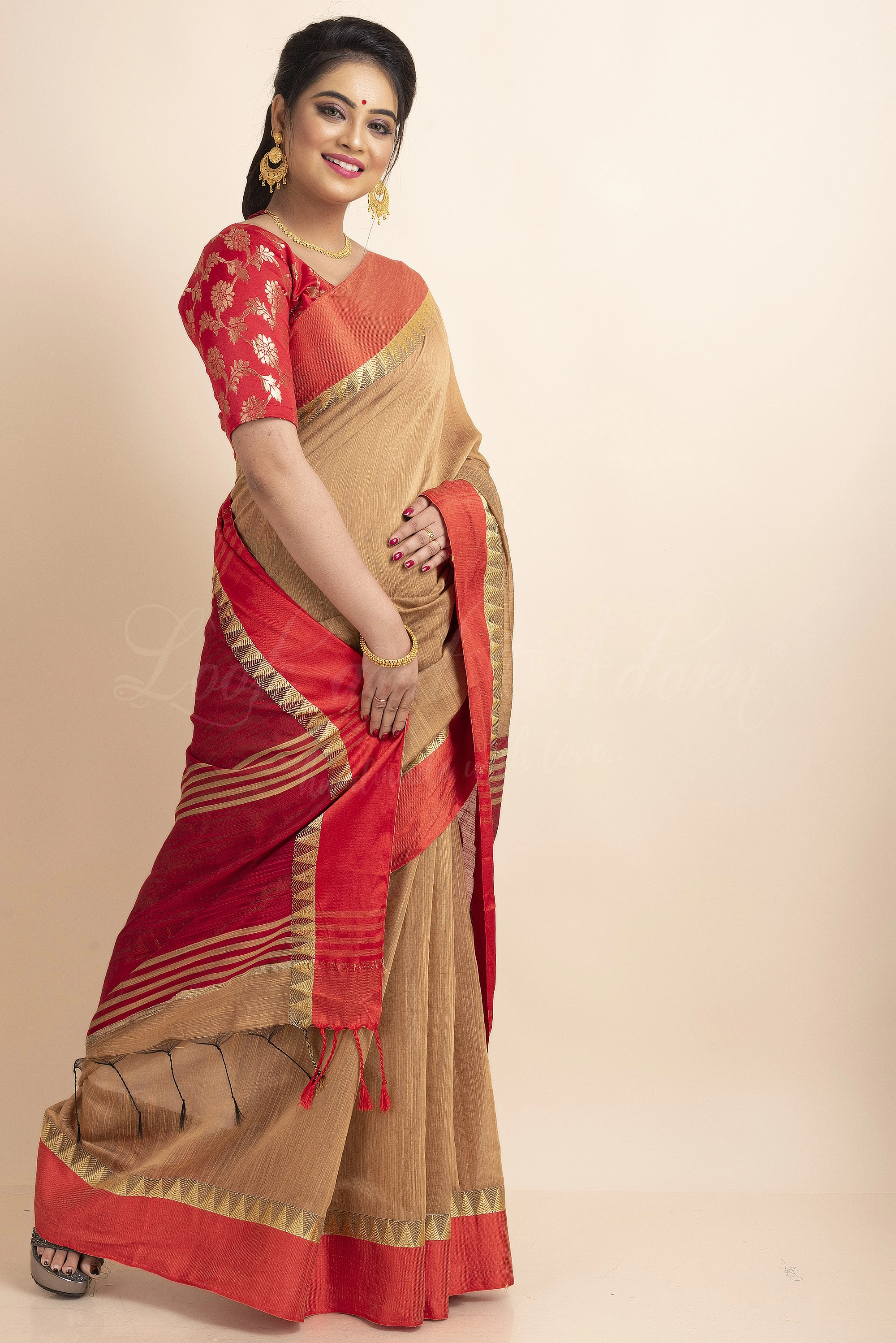 Red Brown Temple Border Cotton Silk Saree with Blouse Piece-LAACSHS023