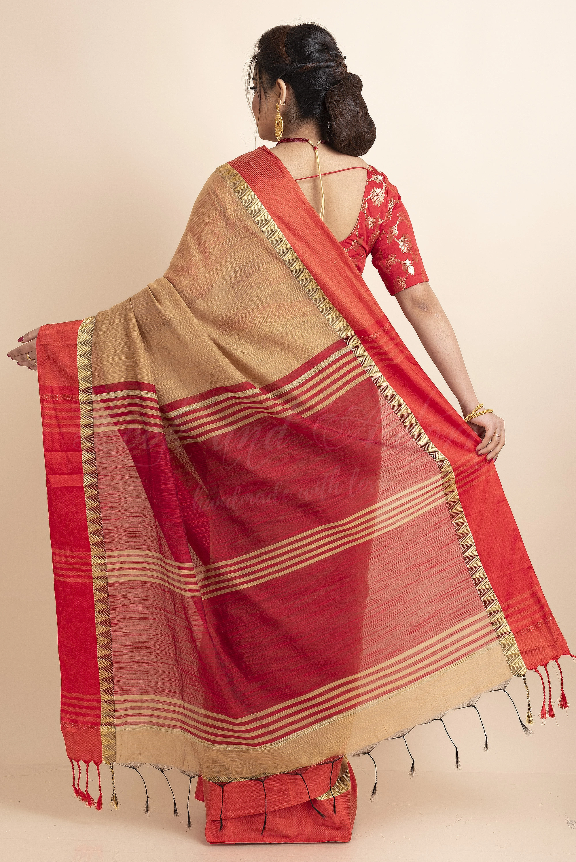 Red Brown Temple Border Cotton Silk Saree with Blouse Piece-Red-Free-Cotton Silk-Female-Adult-1