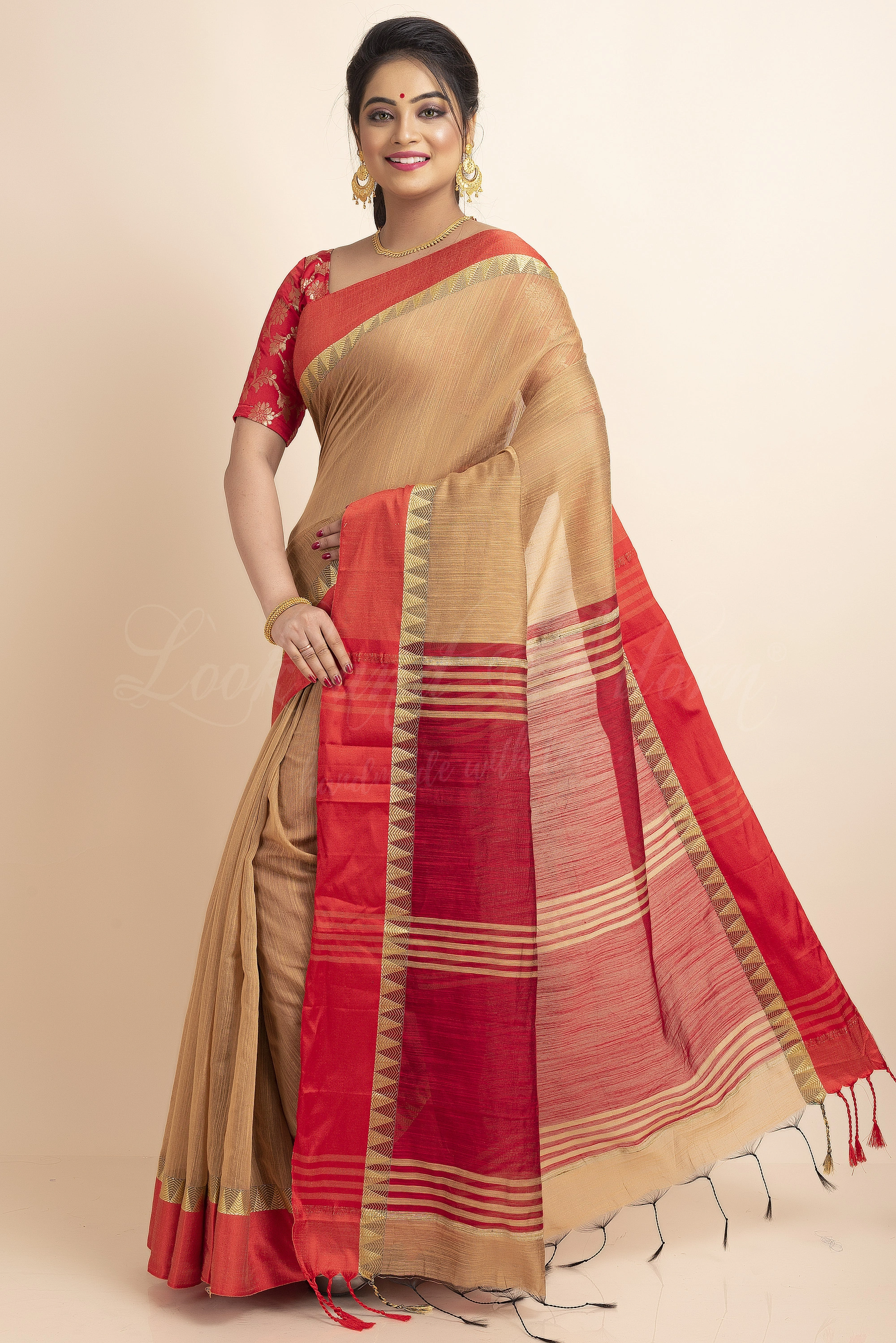 Red Brown Temple Border Cotton Silk Saree with Blouse Piece-Red-Free-Cotton Silk-Female-Adult-2