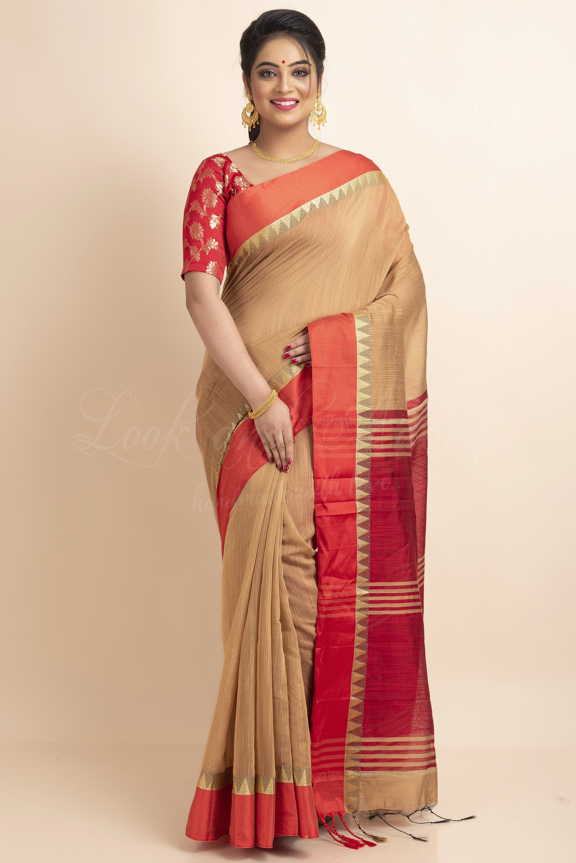 Red Brown Temple Border Cotton Silk Saree with Blouse Piece-Red-Free-Cotton Silk-Female-Adult-3