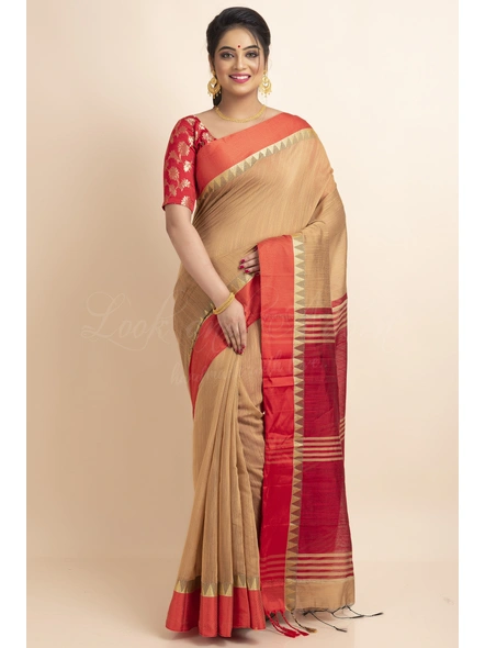 Red Brown Temple Border Cotton Silk Saree with Blouse Piece-Red-Free-Cotton Silk-Female-Adult-3